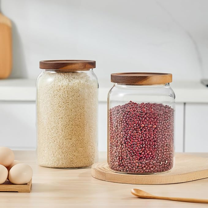 Sweejar Large Glass Candy Jars with Wooden Lids, 1 Gallon Glass Jar with Lid, Sugar/Flour Storage Containers, Big Glass Canisters with Airtight Lid, 2 Pack, Hand Lid