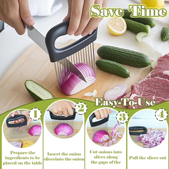 FANTEXY Onion Holder for Slicing - Onion Slicer and Meat Tenderizer Extra Large 16-Prong Stainless Steel, Vegetable Chopper for Potatoes, Tomatoes Slicer Assistant Tool for Lemons,Avocados,Carrot