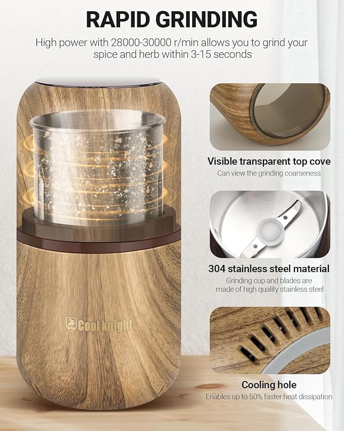 COOL KNIGHT Electric Herb Grinder [Large Capacity/High Rotating Speed]-Electric Grinder for Spices and Herbs (Wood grain 2)