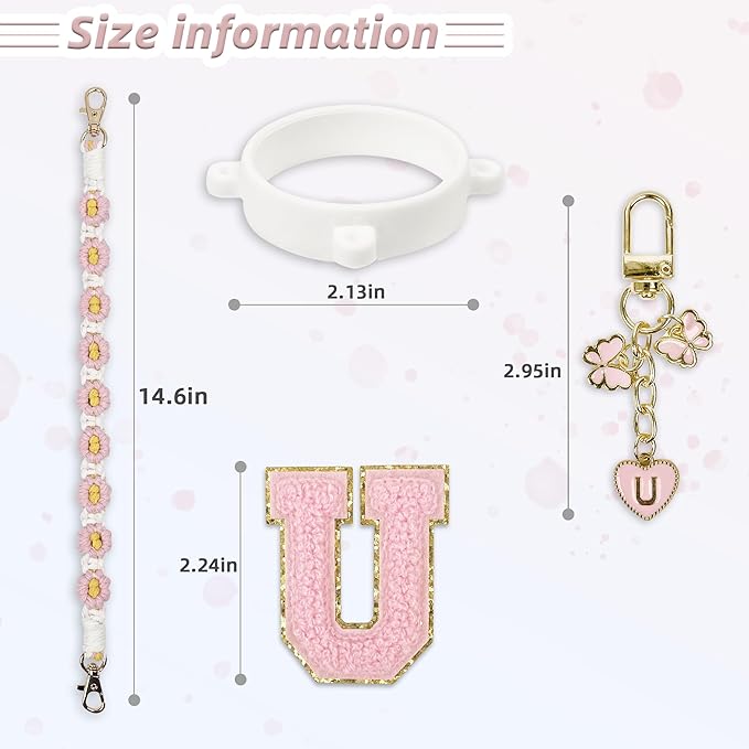 Cute Letter Charm Set Compatible with Owala Water Bottle 24 oz, 32 oz, 40 oz, Owala Kids, Owala Coffee Tumbler, Owala FreeSip – Includes Handle Strap, for Owala Accessories & Stanley Cup Accessories