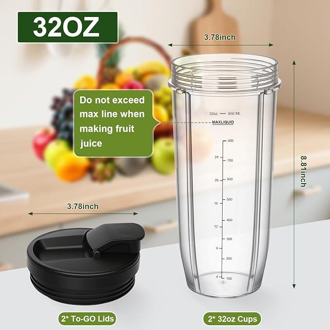 Blender Cups Replacement Parts for Ninja, 32oz Cups with Sip & Seal Lids,Compatible with Ninja Auto IQ Blender BL450 BL480 BL642 BL680 BN801 SS101 SS151