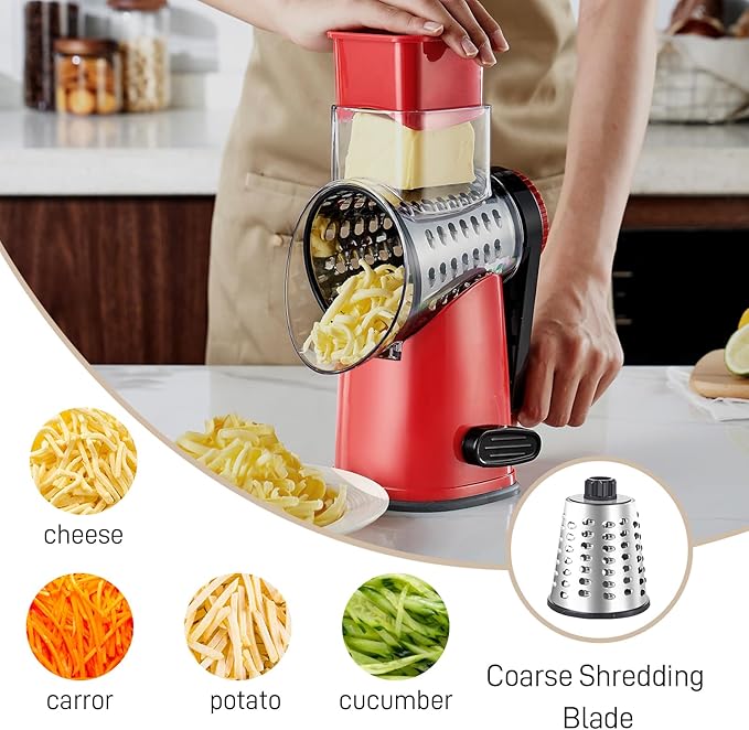 Rotary Cheese Graters with 4 Blades, Hand Crank Cheese Grater with Waffle Slicer, Red, Black and White Cheese Shredder with Suction Base, Easier for Shredding & Grating (Red, 4 Graters)