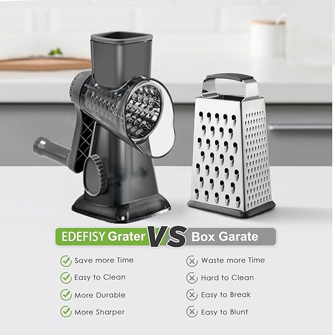 Cheese Grater Hand Crank Rotary Vegetables Shredder with Handle, 3-in-1 Graters with Interchangeable Blades and Strong Suction Base Multifunctional Slicer for Kitchen