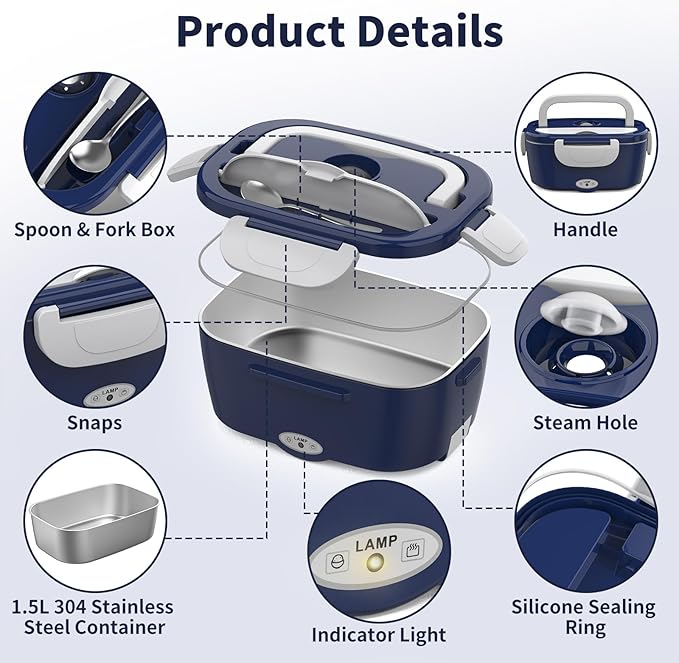 Vingud Electric Lunch Box Food Heater, 3 in 1 Heating Lunch Box for Work/Car/Truck, Heated Lunch Boxes for Adults with 1.5L Stainless Steel Container, 12V 24V 110V (Blue + White)