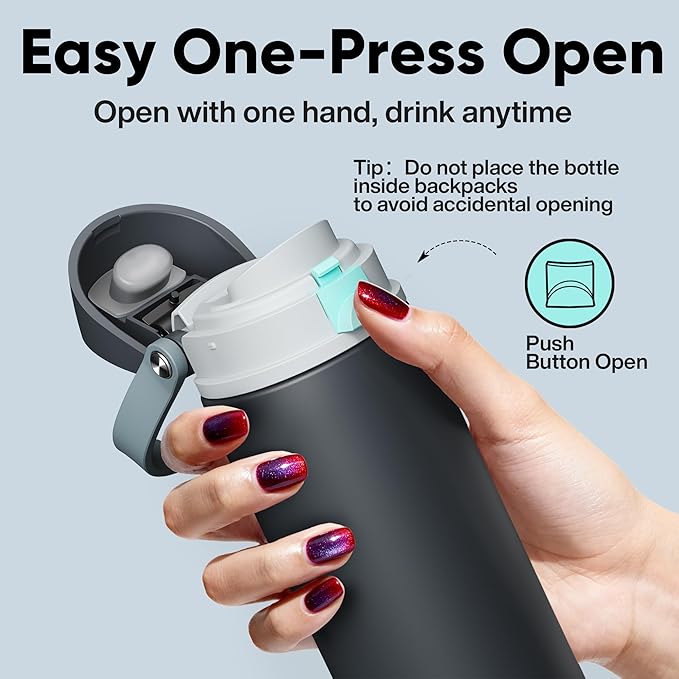 Insulated Water Bottle with Straw - Encool Stainless Steel Water Bottle with Push Button Lid, Leak-Proof & BPA-Free, Keeps Cold for 24 Hours for Sports, Travel, Gym (24 oz, Tuna Grey-Green)