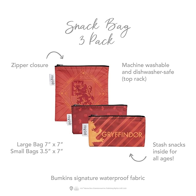 Bumkins Reusable Sandwich and Snack Bags, for Kids School Lunch and for Adults Portion, Washable Fabric, Waterproof Cloth Zip Bag, Travel Pouch, Food-Safe Storage, 3-pk Harry Potter Griffindor