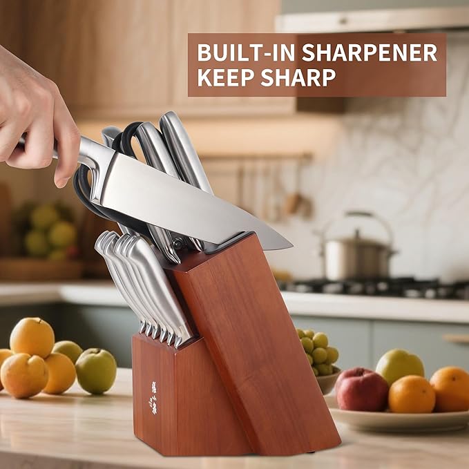 ZHANG XIAO QUAN SINCE 1628 15Pcs Knife Set with Block, 50Cr15MoV High Carbon Stainless Steel Kitchen Knife Set, Sharp and Durable, Hundreds of Years of Masterful(Silver)