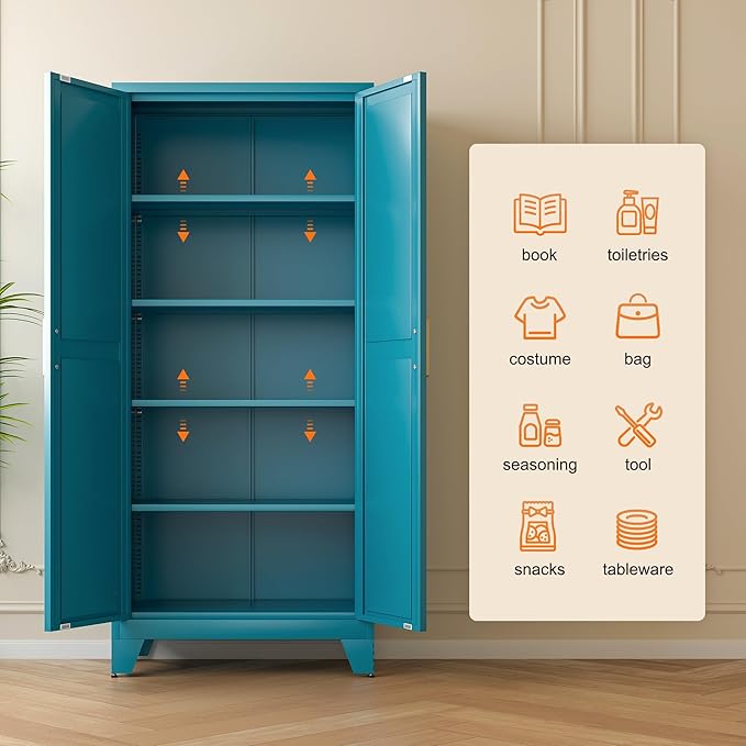 71" Tall Metal Storage Cabinet with 2 Doors and 4 Adjustable Shelves, 5-Tier Kitchen Pantry Storage Cabinet for Kitchen, Living Room, Dining Room and Office, Blue