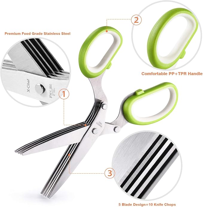 Herb Scissors, X-Chef Multipurpose 5 Blade Kitchen Herb Shears Herb Cutter with Safety Cover and Cleaning Comb for Chopping Basil Chive Parsley (Green)