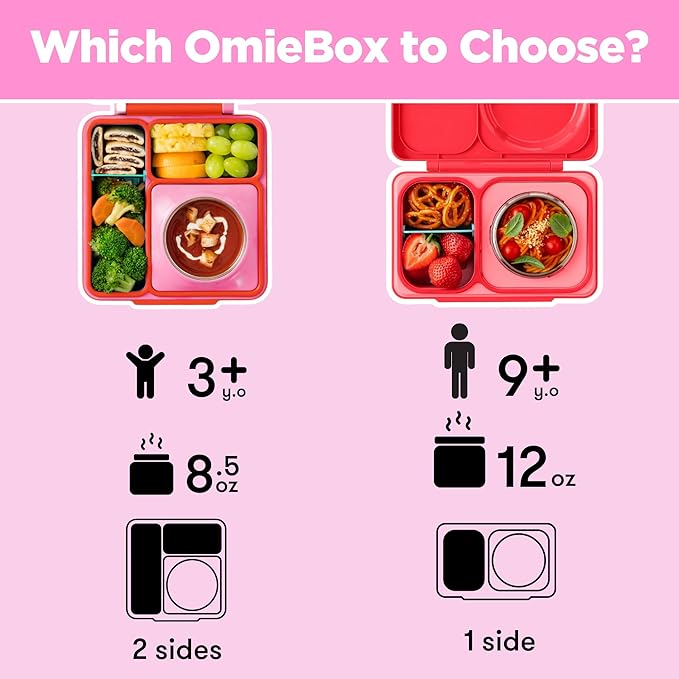 OmieBox Bento Box for Kids - Insulated Bento Lunch Box with Leak Proof Vacuum Insulated Food Jar - 3 Compartments, Two Temperature Zones (Pink Berry)
