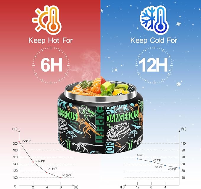 MAISON HUIS 8oz Soup Thermo Wide Mouth Vacuum Insulated Thermo Food Jar, Leak Proof Stainless Steel Thermo for Hot&Cold Food Kids Food Lunch Soup Container for School Travel（Black-Dinosaur）