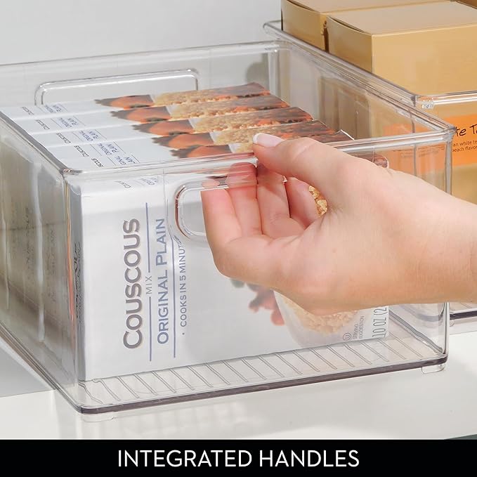 InterDesign iDesign Plastic Stackable Pantry Bin - Organizer Bin with Handles for Cabinets or Fridge - Set of 4 - Clear