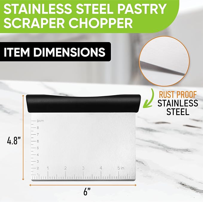 Spring Chef Dough Bench Scraper for Baking with Markings - Stainless Steel Kitchen Dough Cutter Tool with Bowl Pastry Scraper for Pizza, Bread, Pastries - Bench Knife - Dishwasher Safe - Black