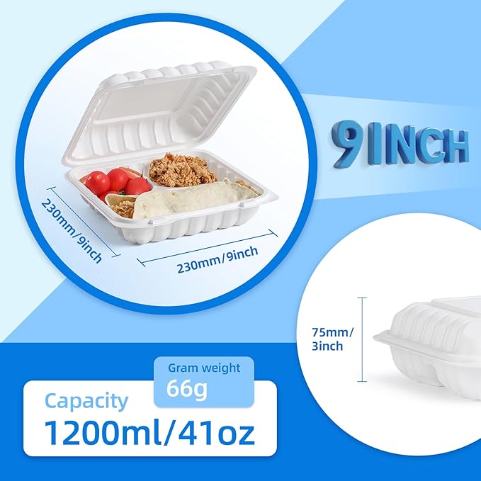 YANGRUI Food Containers 9" 41 oz 100 Pack - Mineral Filled BPA Free Polypropylene Plastic | Shrink Sealed | Reusable Dishwasher Freezer & Microwave Safe | Stackable Design 3 Compartment Takeout Boxes