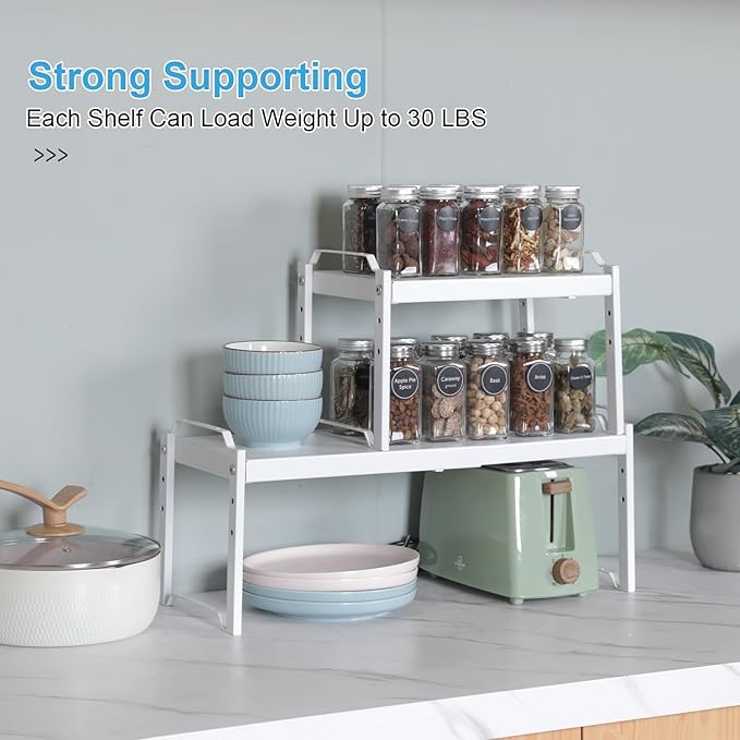 4 Pack Kitchen Cabinet Shelves Organizers, Kitchen Counter Storage Shelf Spice Rack, Expandable Length, Adjustable Height, Stackable, Sturdy 30LBS Bearing, Small Cupboard Tabletop Organizer Shelf Rack