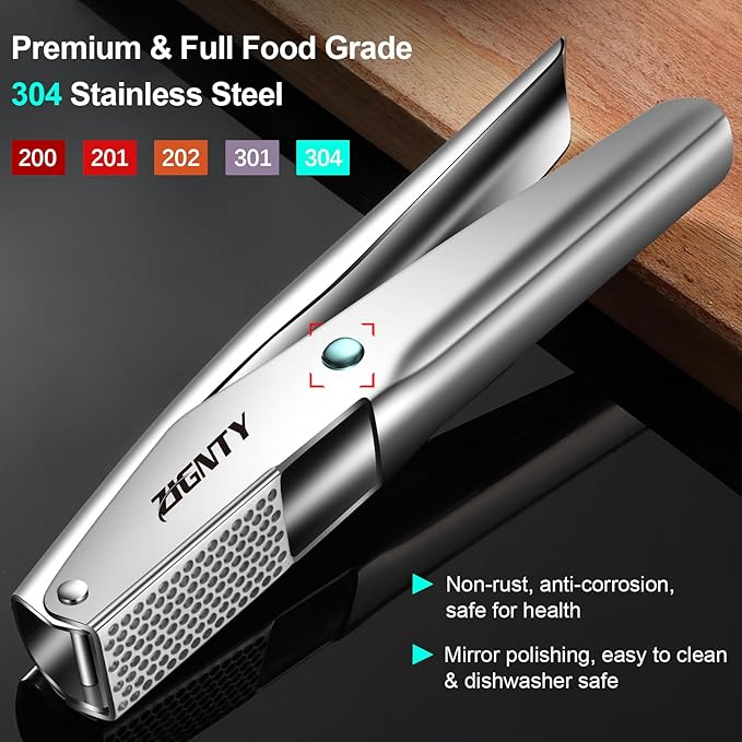 Professional Garlic Press Stainless Steel，No Need to Peel Garlic Mincer Tool with Large Trough, Dual Lever-Assisted Garlic Presser & Masher Easy Clean, Garlic Crusher Dishwasher Safe Rust Proof