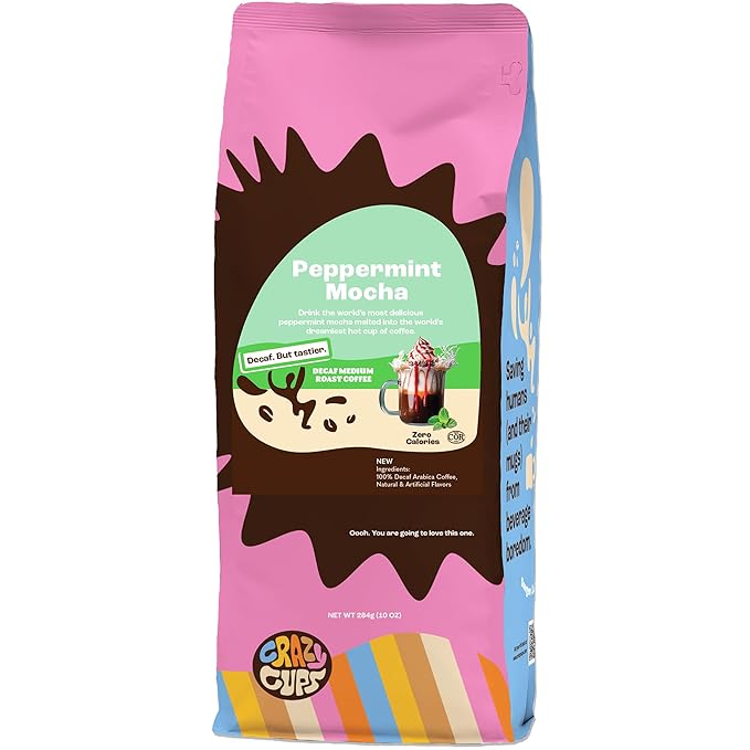 Crazy Cups Flavored Ground Decaf Peppermint Coffee, Decaffeinated Peppermint Mocha Coffee in 10 oz Bag, For Brewing Flavored Hot or Iced, (Pack of 1)