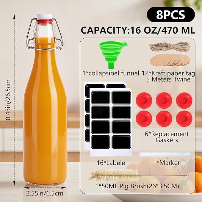 Ruckae 8 Pack 16oz Swing Top Glass Bottles with Air Tight Lids Kombucha Coquito Flip Top Glass Bottle Kefir Syrup Vanilla Extract Beer Brewing Bottles for Gift (16 oz 8 pack)