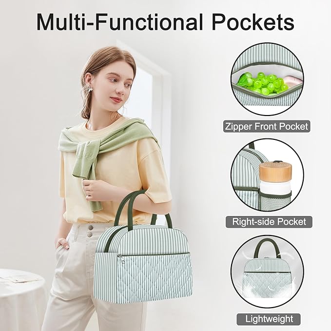 Lunch Bag Lunch Box for Women Adult Men Insulated Quilted Reusable Large Lunch Tote Bag Leakproof Simple Cooler Bag for Work Office Picnic Beach or Travel