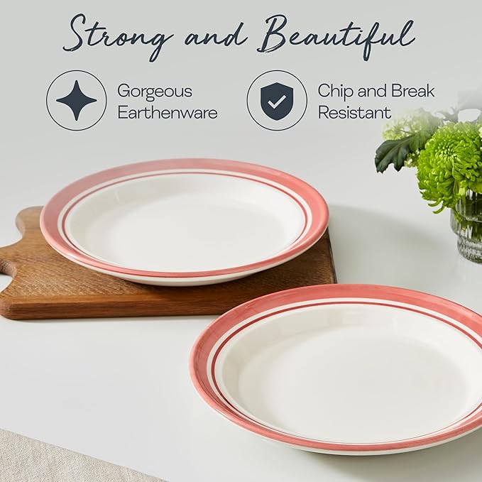 Portmeirion Potter's Striped Dinner Plate (Set of 4) - 10.5-Inch Stackable Earthenware Plates - Microwave & Dishwasher Safe, Handcrafted Dinnerware for Casual & Formal Table Settings (Red Stripe)