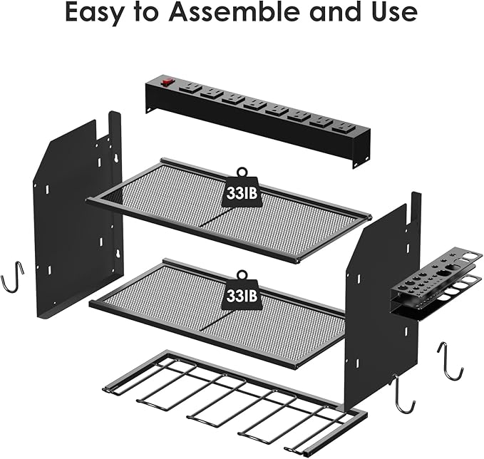 CCCEI Modular Power Tool Organizer Wall Mount with Charging Station. Garage Drill Storage Shelf with Hooks, Heavy Duty Rack, Tool Battery Holder Built in 8 Outlet. Gift for Men. Black, 1 Pack.