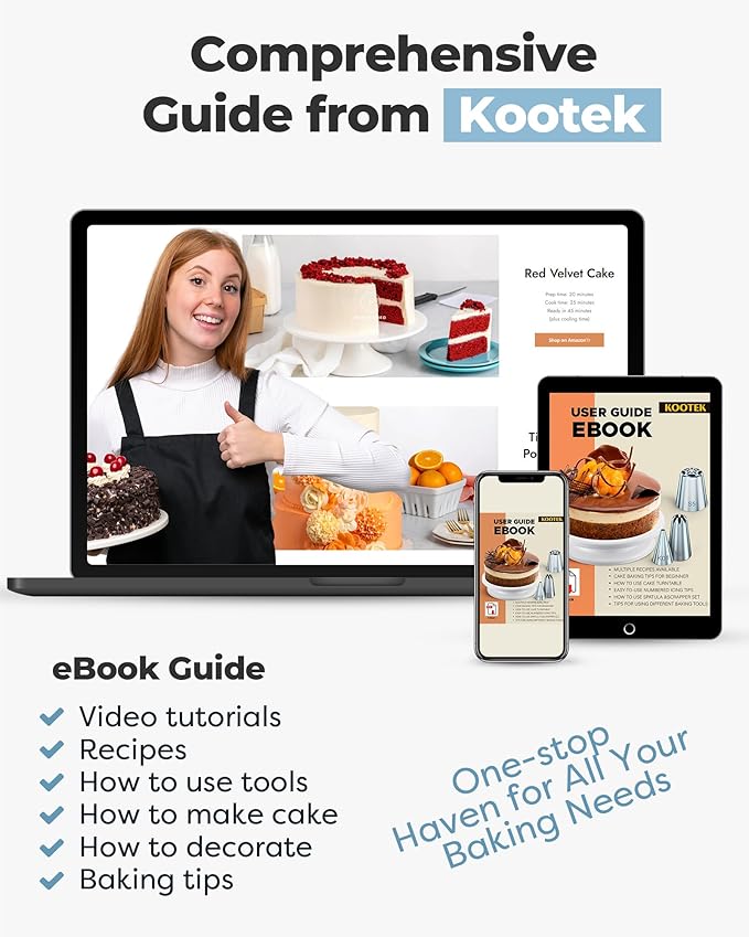 Kootek 71PCs Cake Decorating Kit, Baking Supplies Tools - Includes Cake Stand Turntable, 12 Icing Piping Tips Set, 2 Frosting Spatulas, 3 Scrapers, 50+2 Piping Bags, Coupler, Video Tutorial, Booklet