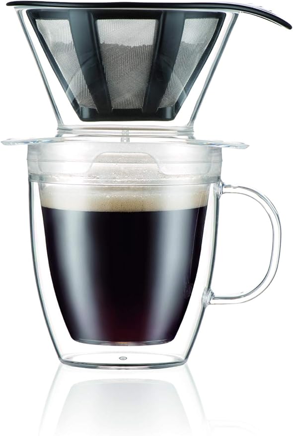 Bodum 12oz Pour Over Coffee Dripper Set w/Double Wall Mug and Reusable Permanent Filter, Plastic, BPA-Free, Clear