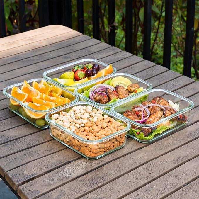 Bayco Large Glass Meal Prep Containers, 5 Pack, 36oz | 4.5cups, Food Storage With Lids, Airtight Bento Boxes, BPA Free & Leak Proof