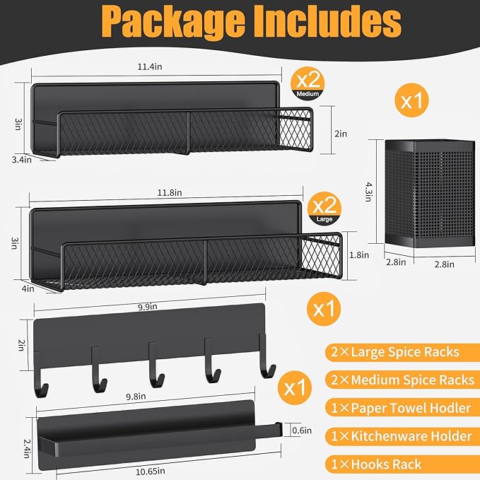 Magnetic Spice Rack for Refrigerator, 7 Pack 100% Metal Strong Magnet Shelves, Spice Organizer W/Hook Rack, Paper Towel Holder, Utensils Caddy, Kithcen Home Storage Organization (Black)