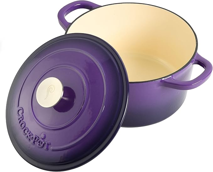 Crock-Pot Artisan 5-Quart Round Enameled Cast Iron Dutch Oven – Lavender Purple, Durable Heavy-Duty Cookware for Slow Cooking, Roasting, Baking with Lid