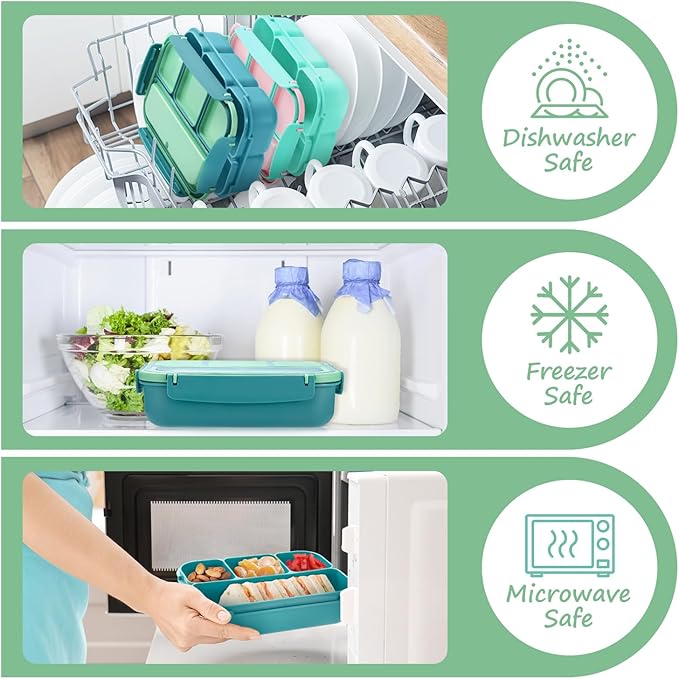 QQKO Bento Box for Kids Adults, School Toddler Lunch Box for Boys Girls, Lunch Box Containers with 4 Compartments, Sauce Container, Utensils, Food Picks and Muffin Cups for School, Green