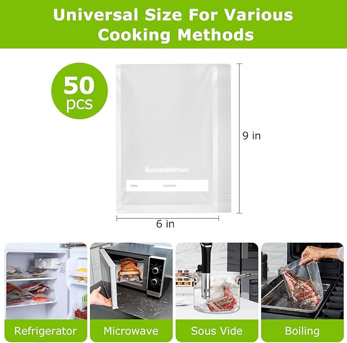 Bonsenkitchen Precut Vacuum Sealer Bags, 50 Pint 6" x 9" Food Sealer Bags, Food Grade, BPA Free, Heavy Duty, Customized Size Vacuum Bags for Vac Storage, Meal Prep or Sous Vide Cooking, VB10