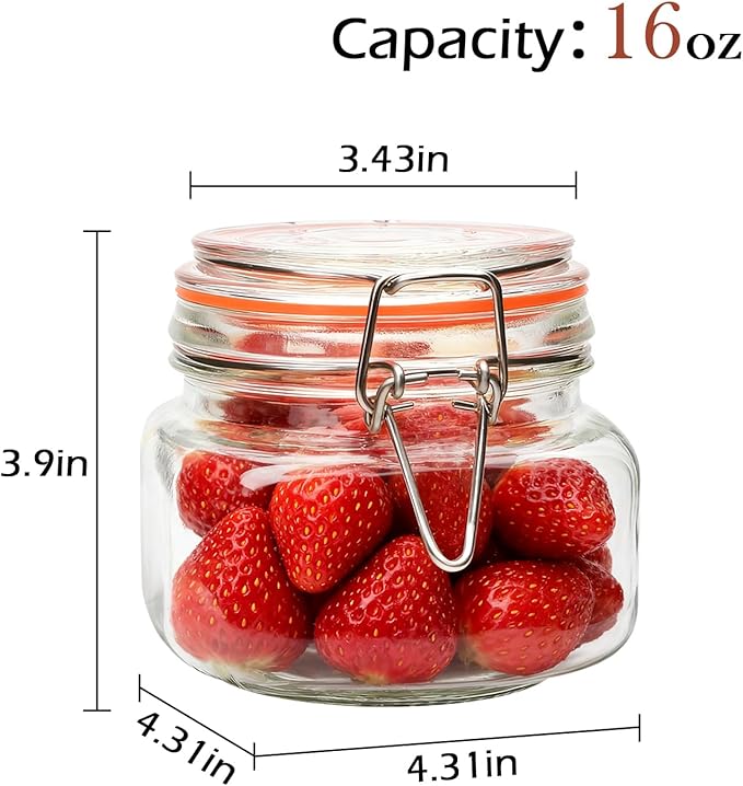 Encheng 16 oz Glass Jars With Airtight Lids And Leak Proof Rubber Gasket,Wide Mouth Mason Jars With Hinged Lids For Kitchen,Glass Storage Containers 6 Pack