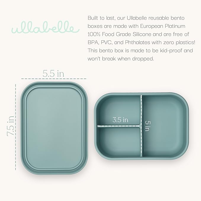 Ullabelle Leak Proof Bento Box Food-Grade Silicone Bento, BPA, Phthalate, Lead, & PVC Free - Bento Lunch Box for Daycare, Kids, & Adults - Leak Resistant Sets With Lids Snack Box Container (Blue)