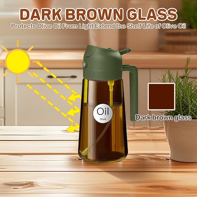 YARRAMATE 16oz/470ml Dark Brown Oil Sprayer for Cooking with Stickers, Food-grade Premium 2 in 1 Olive Oil Dispenser Bottle for Kitchen Gadgets, Air Fryer, Salad, Frying, BBQ (OliveGreen)