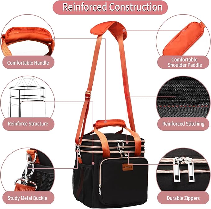 Expandable Insulated Lunch Box for Women Men, Double Deck Large Lunch Bag Tote Leakproof Lunch Cooler with Shoulder Strap for Adults Work Shift Outdoor Picnic Daytrip, (Black, 16L),GLENKEY