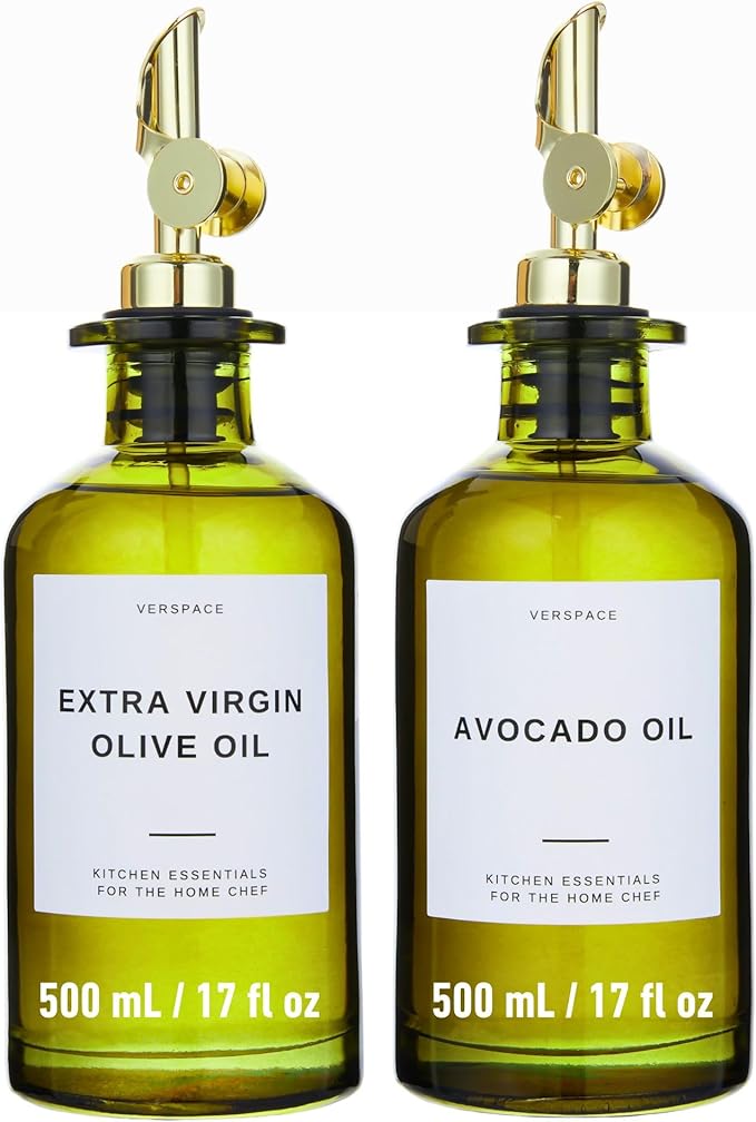 Green Glass Olive Oil Dispenser Bottle For Kitchen, Avocado Oil Dispenser Set, Modern Decor, Gold Kitchen Accessories for Home, Airbnb, Cafe (Gold, Set of 2)