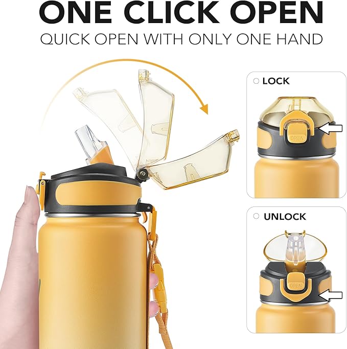 Enerbone 24 oz Insulated Water Bottle, Stainless Steel Bottle with Carrying Strap, Double-Wall Vacuum Insulation Design, Leakproof Sports Bottle with Straw, Keep Drinks Cold or Hot for Hours