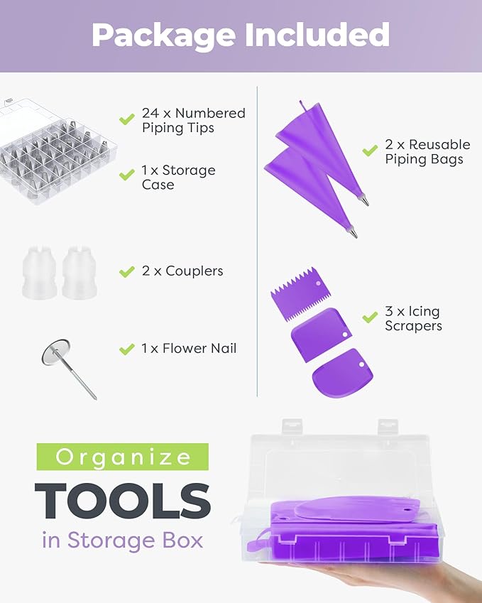 Kootek 32-Piece Piping Bags and Tips Set with 24 Icing Piping Tips, 2 Reusable Pastry Bags 12 Inch, Reusable Piping Icing Bags and Tips, Cake Decorating Kit for Frosting Cookie, Cupcake