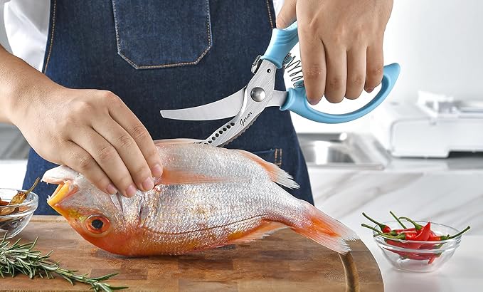 Heavy Duty Poultry Shears - Kitchen Scissors for Cutting Chicken, Poultry, Game, Meat - Chopping Vegetable - Spring Loaded - Blue