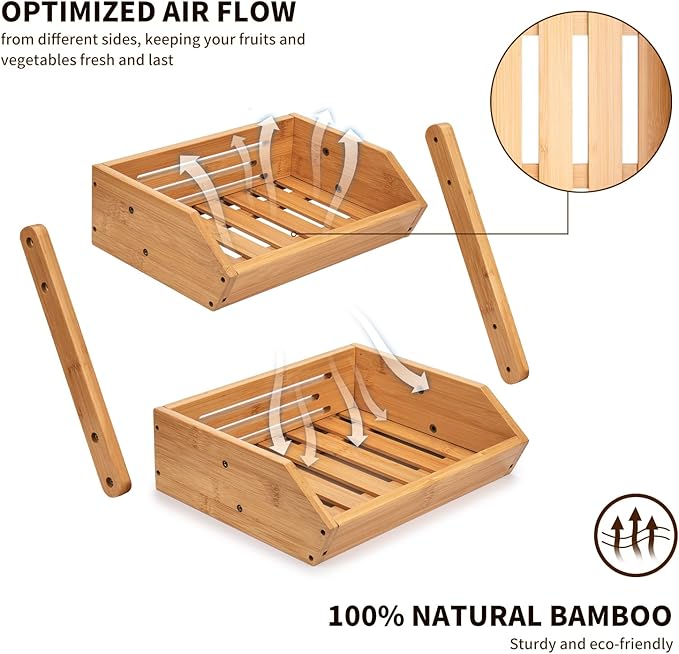2 Tier Fruit Basket For Kitchen- Bamboo Fruit and Vegetable Storage Bowl Stand For Kitchen Countertop, , Produce Basket Fruit Holder for Potato, Onion, Bread, Snack Storage