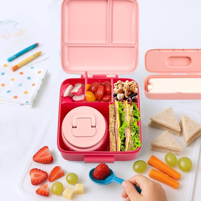 Bento Lunch Box for Kids with 8oz Soup Thermo,Leak-Proof Lunch Containers with 5 Compartment,Thermo Food Jar Food Containers for School (Pink-Jellyfish)