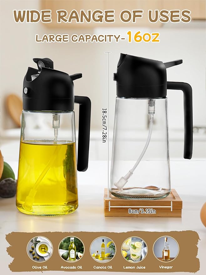 Kitchen Gadgets Oil Sprayer for Cooking 2pcs,Oil Dispenser for Kitchen,2 in 1 Oil Dispenser and Oil Sprayer,16oz Olive Oil Dispenser Bottle for Air Fryer,Salad, Grill (Black Kitchen Accessories)