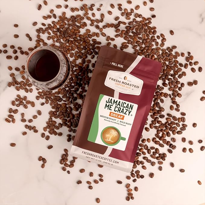 Fresh Roasted Coffee, Decaf Jamaican Me Crazy Flavored Coffee, 12 oz, Medium Roast, Kosher, Whole Bean