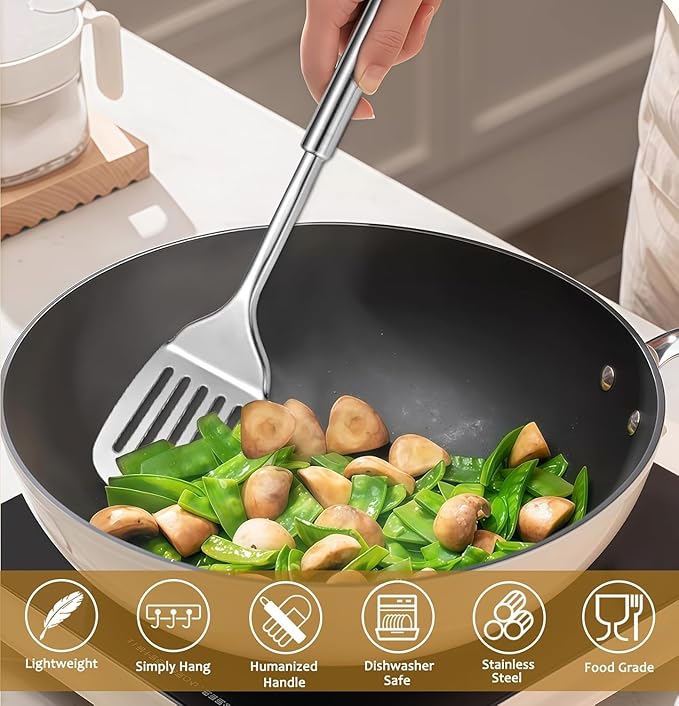 Stainless Steel Kitchen Utensils Set, 10 PCS Stainless Steel Utensils Set for Cooking, Heat Resistant Spatula Cooking Utensils Set with Turners, Serving Spoon, Ladle, Skimmer, Pasta Fork