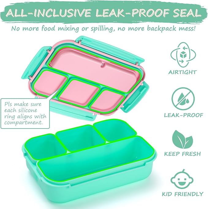 QQKO Bento Box for Kids Adults, School Toddler Lunch Box for Boys Girls, Lunch Box Containers with 4 Compartments, Sauce Container, Utensils, Food Picks and Muffin Cups for School, Pink Green