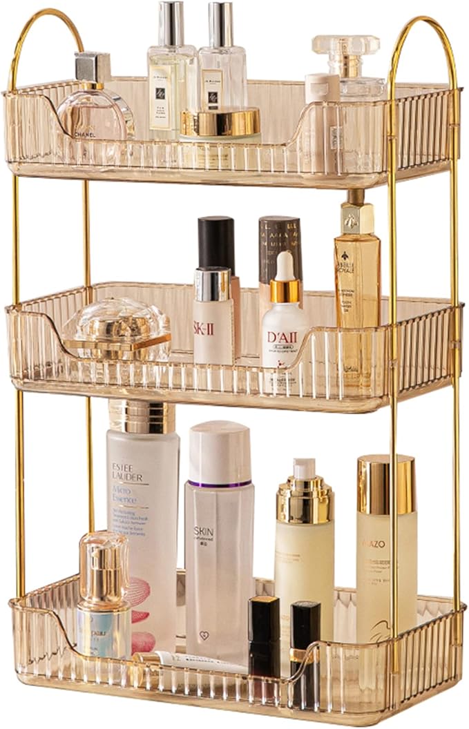 Bathroom Counter Organizer - Countertop Storage, Cosmetics & Skincare Shelf, Makeup Organizer, Perfume Tray, Spice Rack - 3 Tier Gold