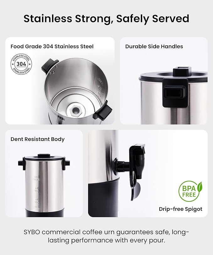 SYBO Commercial Grade Stainless Steel Percolate Coffee Maker, Hot Water Urn for Catering, Hot Beverage Dispenser, 40-Cup, 6L, Metallic