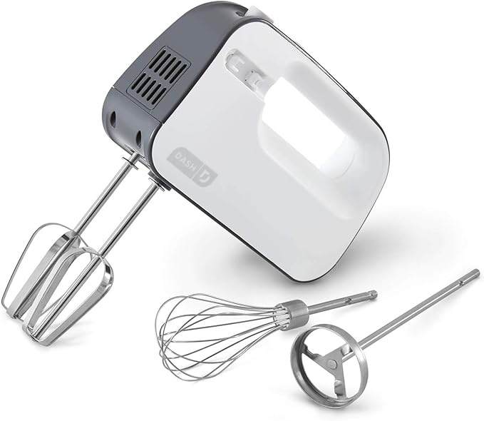 Dash SmartStore™ Deluxe Compact Electric Hand Mixer + Whisk and Milkshake Attachment for Whipping, Mixing Cookies, Brownies, Cakes, Dough, Batters, Meringues & More, 3 Speed, 150-Watt – Grey