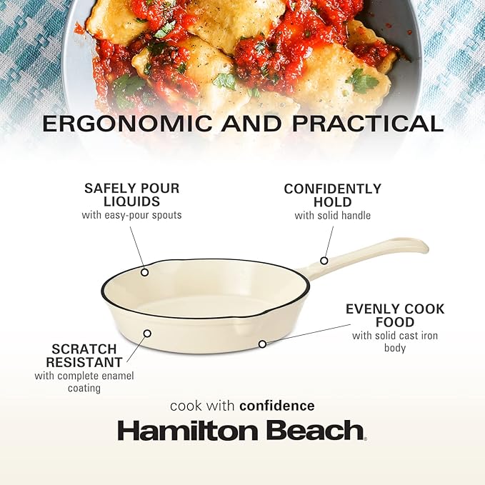 Hamilton Beach Enameled Cast Iron Fry Pan 8-Inch Cream, Cream Enamel Coating, Skillet Pan for Stove Top and Oven